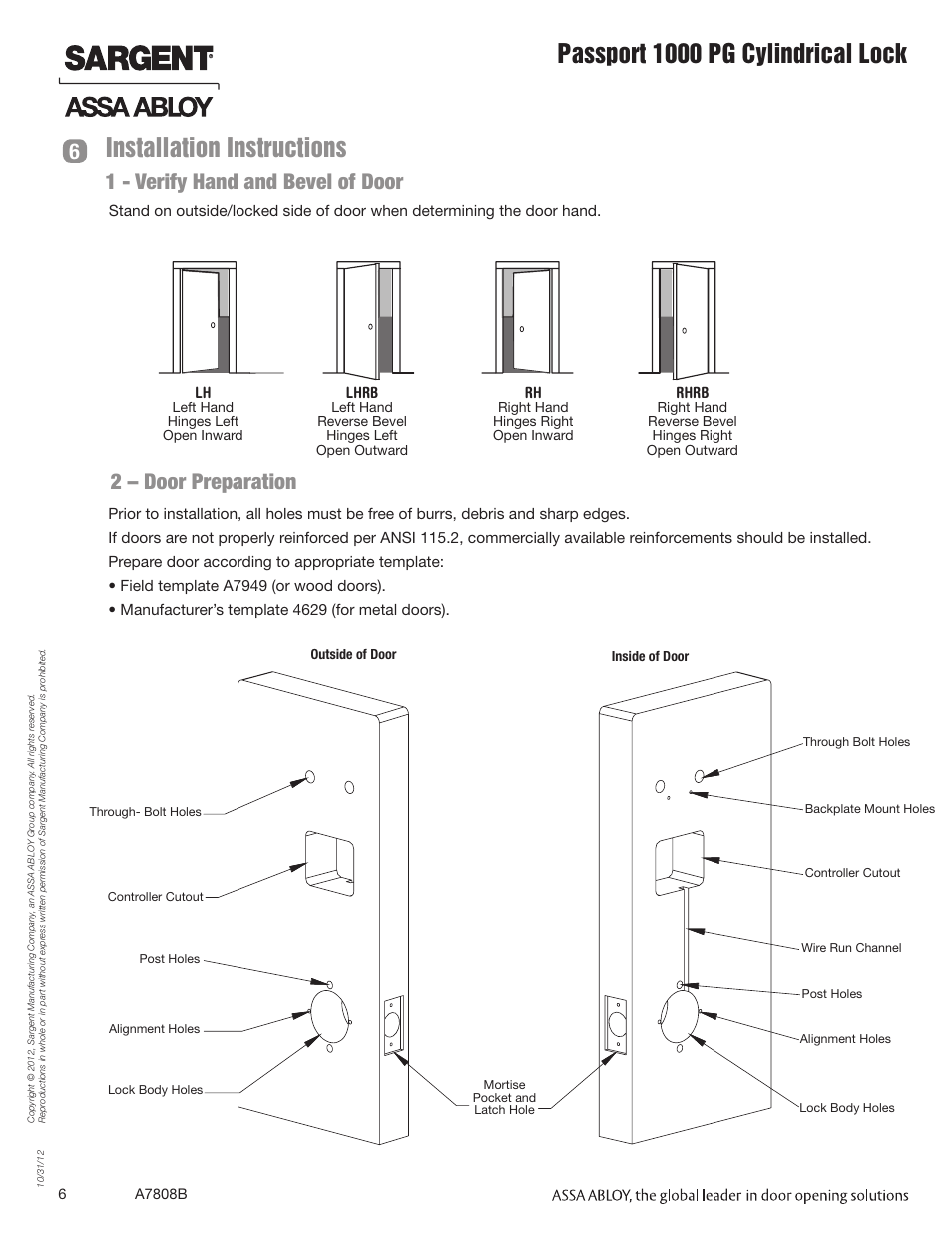 Installation instructions, 61 - verify hand and bevel of door, 2 – door preparation | SARGENT Passport 1000 PG Cylindrical Locks User Manual | Page 6 / 22