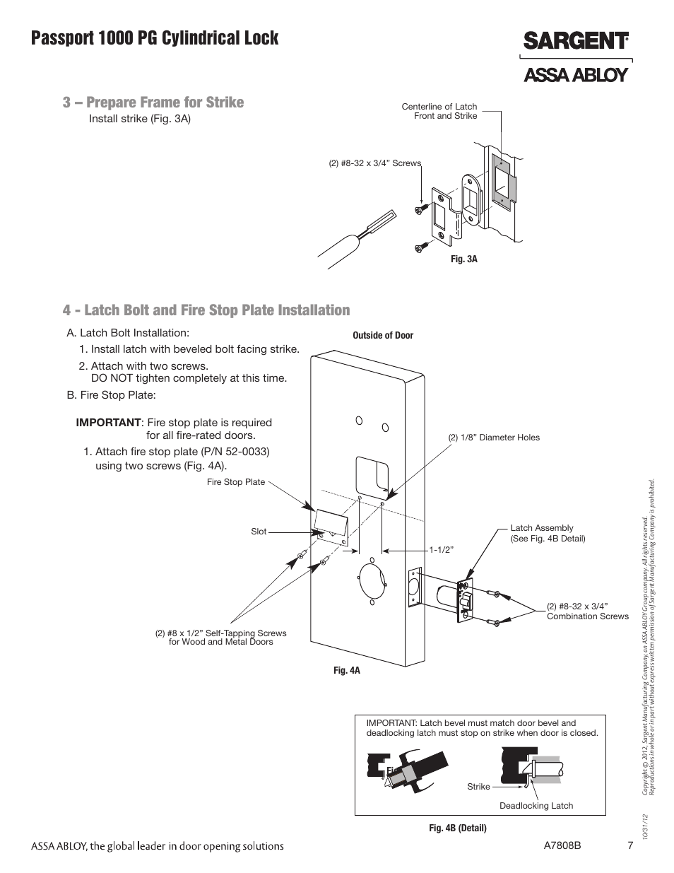 Passport 1000 pg cylindrical lock, 3 – prepare frame for strike, 4 - latch bolt and fire stop plate installation | SARGENT Passport 1000 PG Cylindrical Locks User Manual | Page 7 / 22