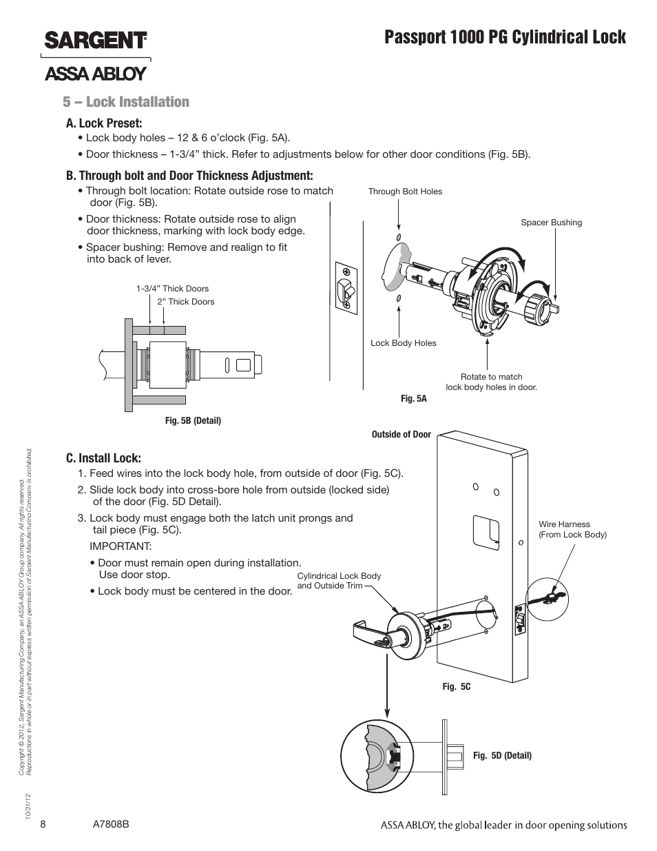 Passport 1000 pg cylindrical lock, 5 – lock installation, A. lock preset | B. through bolt and door thickness adjustment, C. install lock | SARGENT Passport 1000 PG Cylindrical Locks User Manual | Page 8 / 22