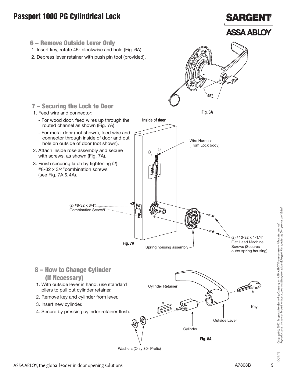 Passport 1000 pg cylindrical lock, 6 – remove outside lever only, 7 – securing the lock to door | 8 – how to change cylinder (if necessary) | SARGENT Passport 1000 PG Cylindrical Locks User Manual | Page 9 / 22