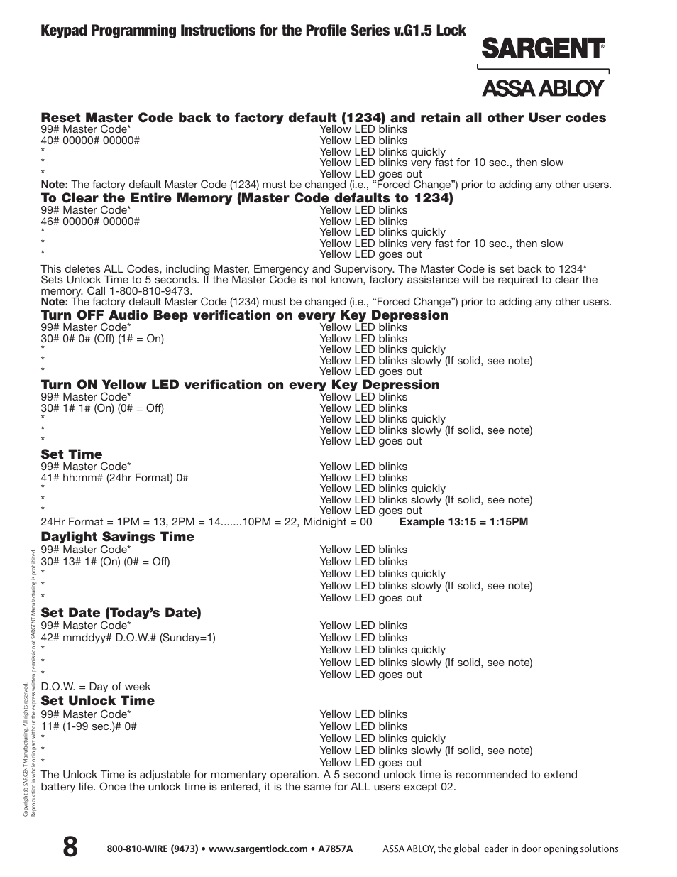 Set time, Daylight savings time, Set date (today’s date) | Set unlock time | SARGENT Profile Series Cylindrical Locks User Manual | Page 10 / 14