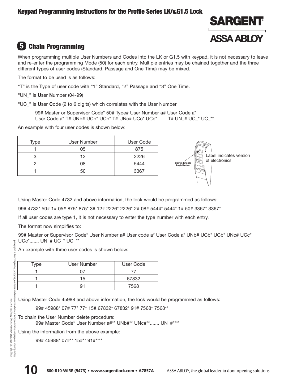 Chain programming, Label indicates version of electronics | SARGENT Profile Series Cylindrical Locks User Manual | Page 12 / 14