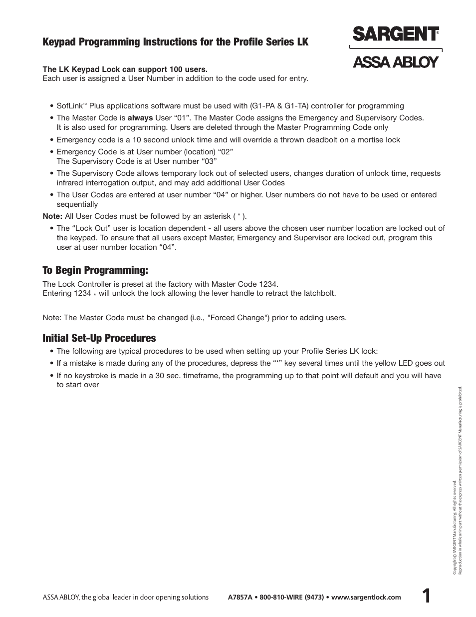 Initial set-up procedures, Soflink | SARGENT Profile Series Cylindrical Locks User Manual | Page 3 / 14