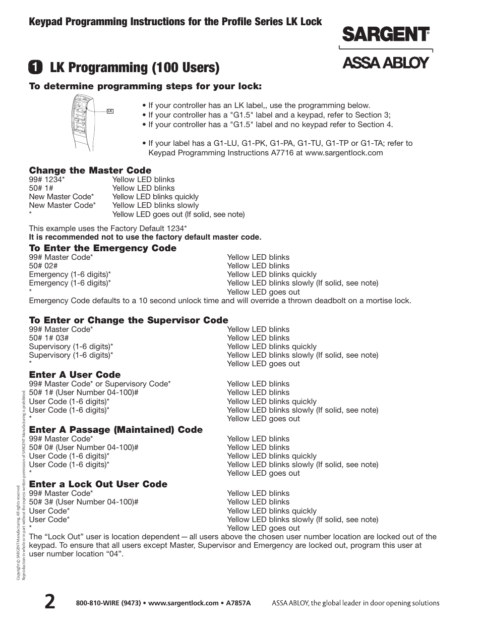 Lk programming (100 users), Change the master code, Enter a user code | Enter a passage (maintained) code, Enter a lock out user code | SARGENT Profile Series Cylindrical Locks User Manual | Page 4 / 14