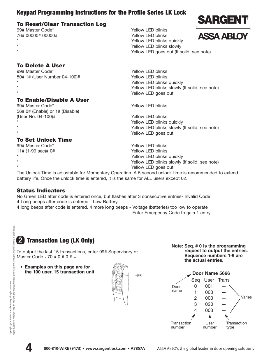 Transaction log (lk only), Status indicators | SARGENT Profile Series Cylindrical Locks User Manual | Page 6 / 14
