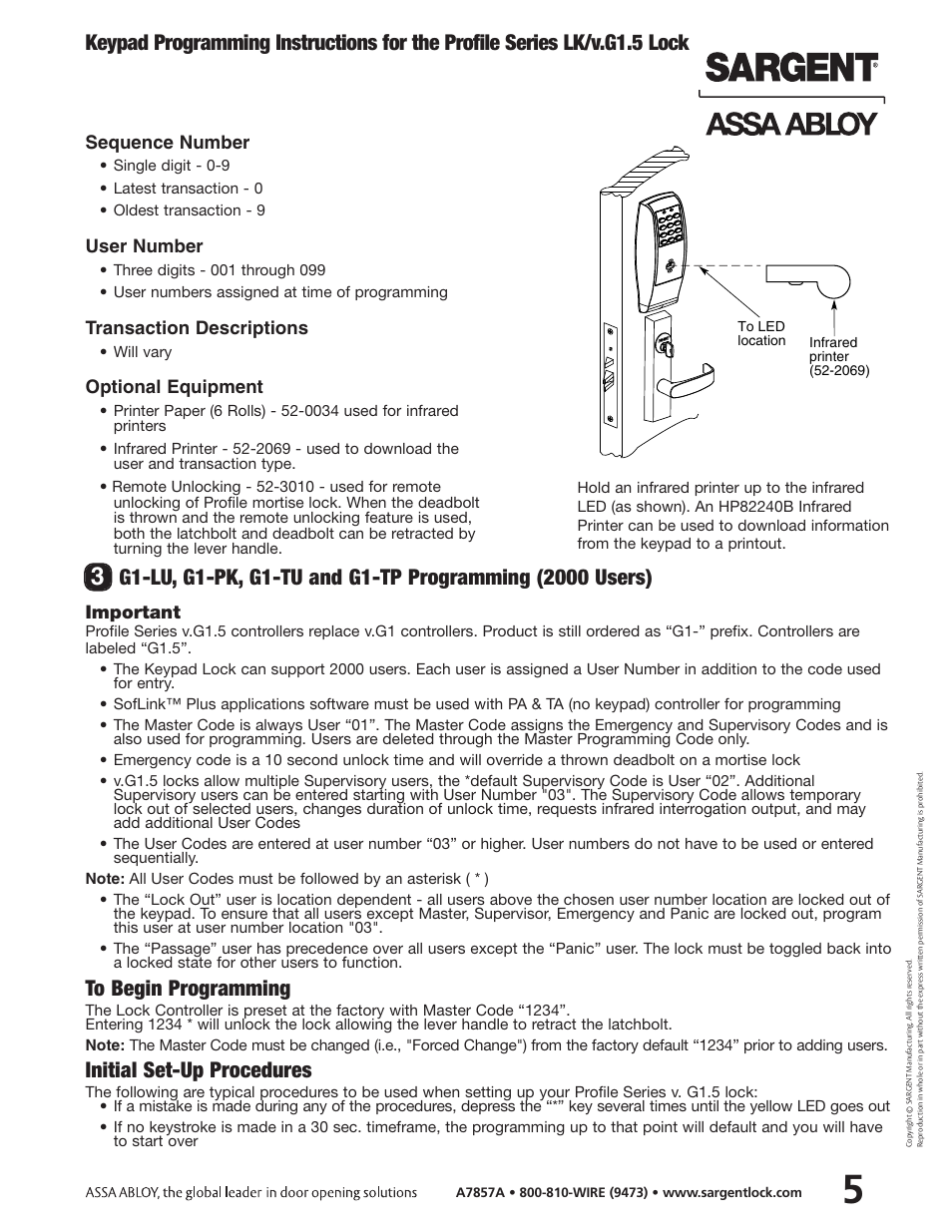Initial set-up procedures, Important, Sequence number | User number, Transaction descriptions, Optional equipment, Will vary | SARGENT Profile Series Cylindrical Locks User Manual | Page 7 / 14