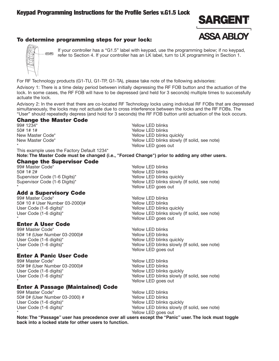 Change the master code, Change the supervisor code, Add a supervisory code | Enter a user code, Enter a panic user code, Enter a passage (maintained) code | SARGENT Profile Series Cylindrical Locks User Manual | Page 8 / 14