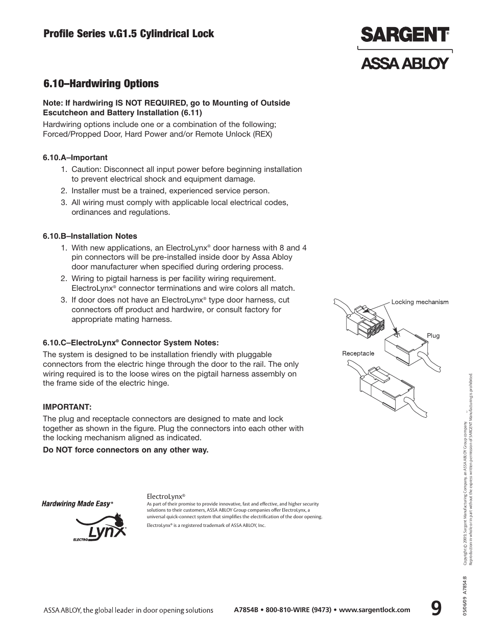 Profile series v.g1.5 cylindrical lock, 10–hardwiring options, Electrolynx | SARGENT Profile Series v.G1.5 Cylindrical Locks User Manual | Page 11 / 18