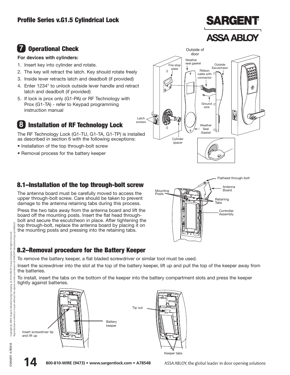 Profile series v.g1.5 cylindrical lock, Operational check, Installation of rf technology lock | 1–installation of the top through-bolt screw, 2–removal procedure for the battery keeper | SARGENT Profile Series v.G1.5 Cylindrical Locks User Manual | Page 16 / 18