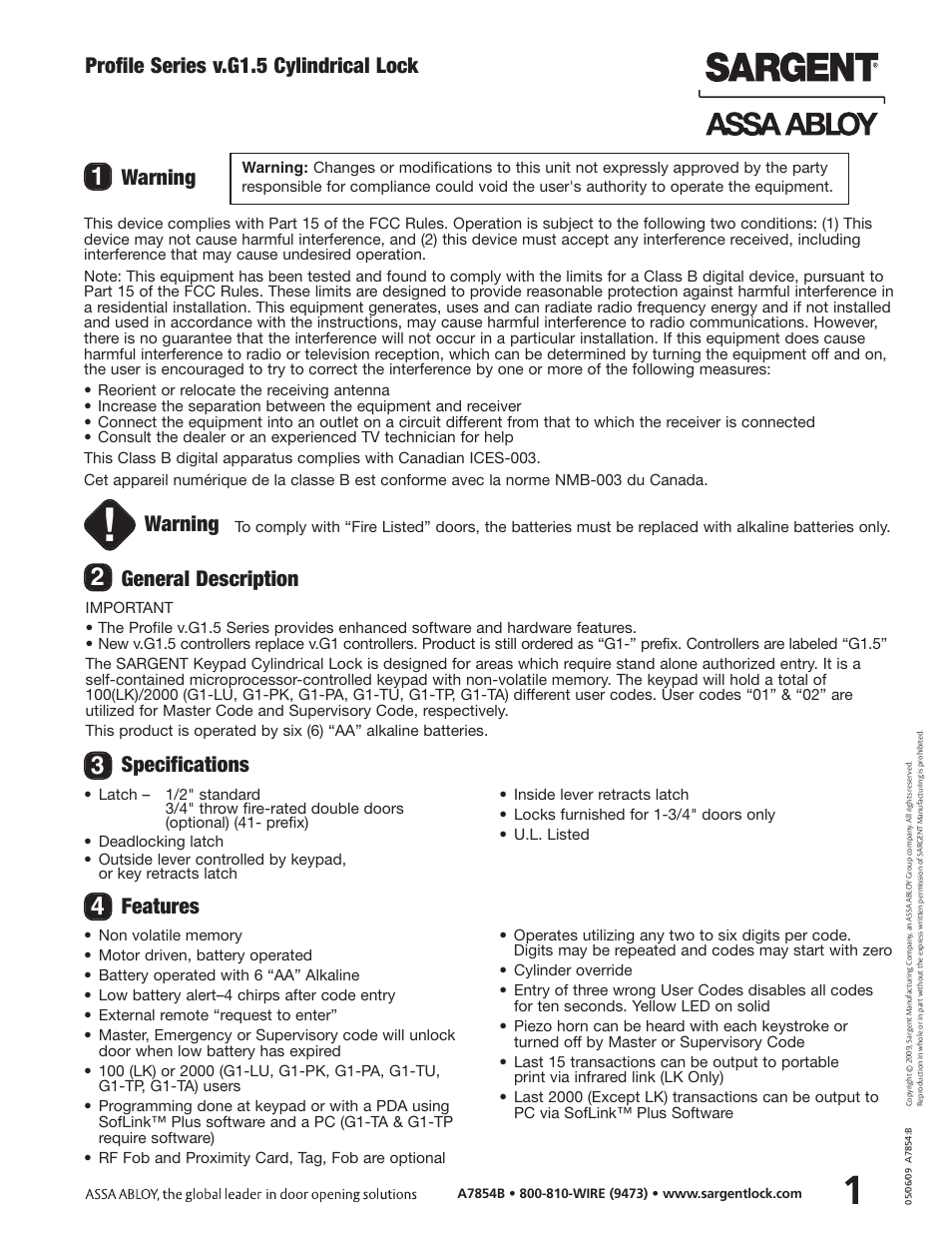 Profile series v.g1.5 cylindrical lock, Warning, General description | Specifications features | SARGENT Profile Series v.G1.5 Cylindrical Locks User Manual | Page 3 / 18