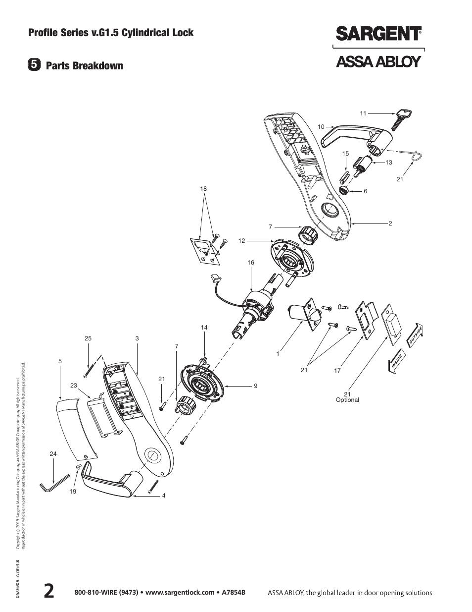 Profile series v.g1.5 cylindrical lock, Parts breakdown | SARGENT Profile Series v.G1.5 Cylindrical Locks User Manual | Page 4 / 18