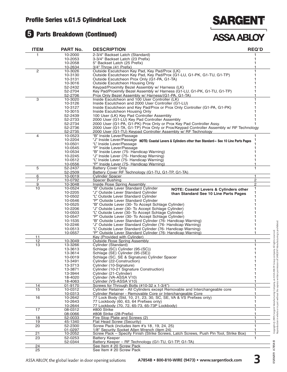 Profile series v.g1.5 cylindrical lock, Parts breakdown (continued) | SARGENT Profile Series v.G1.5 Cylindrical Locks User Manual | Page 5 / 18