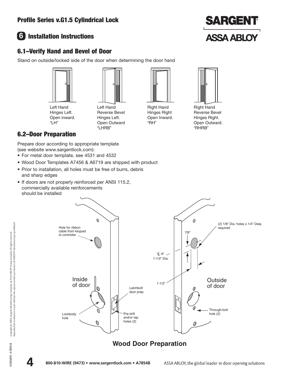 Profile series v.g1.5 cylindrical lock, Installation instructions, Wood door preparation | Inside of door outside of door | SARGENT Profile Series v.G1.5 Cylindrical Locks User Manual | Page 6 / 18