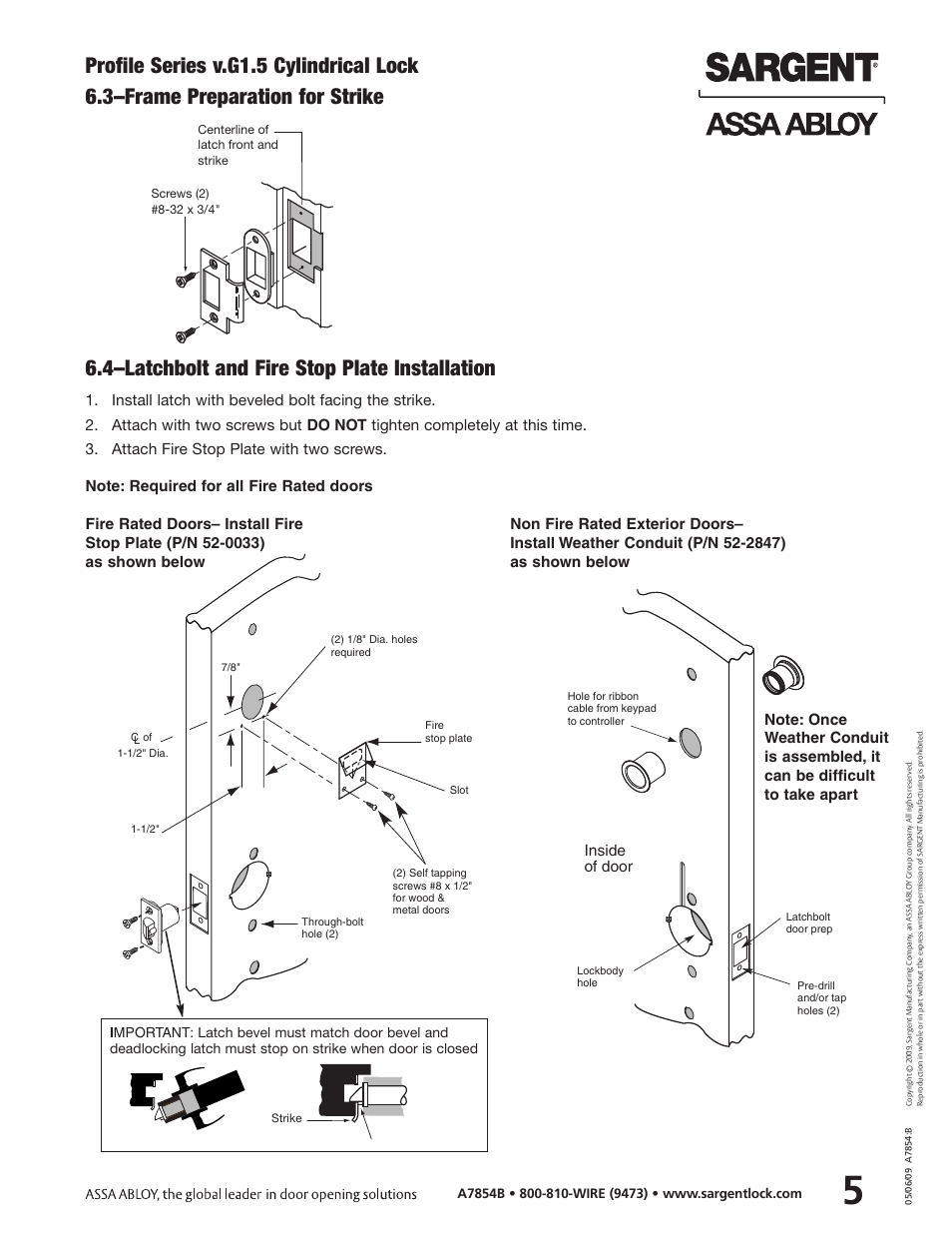 Profile series v.g1.5 cylindrical lock, 3–frame preparation for strike, 4–latchbolt and fire stop plate installation | Inside of door | SARGENT Profile Series v.G1.5 Cylindrical Locks User Manual | Page 7 / 18