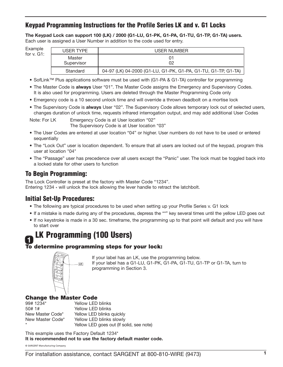 Lk programming (100 users), Initial set-up procedures, Change the master code | SARGENT Profile Series v.G1.5 Exit Devices User Manual | Page 3 / 12