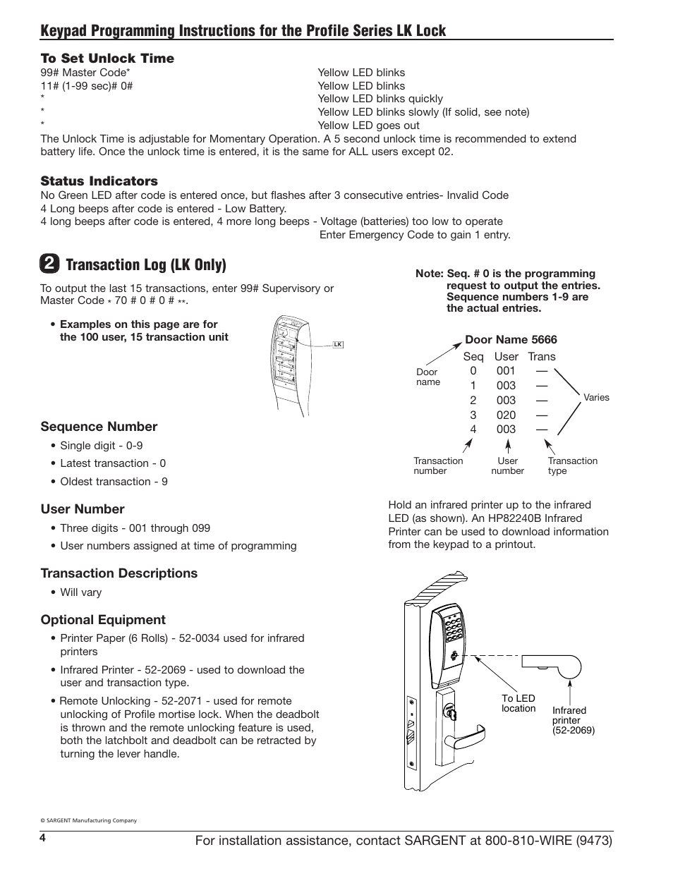 Transaction log (lk only), Status indicators, Sequence number | User number, Transaction descriptions, Optional equipment | SARGENT Profile Series v.G1.5 Exit Devices User Manual | Page 6 / 12