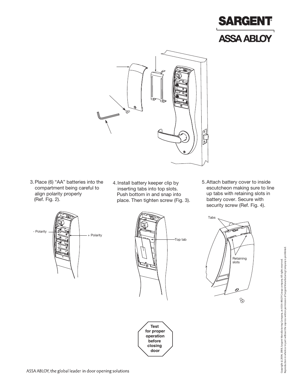 Profile series v.g1 cylindrical lock, Battery installation, Fig. 1 fig. 3 fig. 2 fig. 4 | SARGENT Profile Series v.G1.5 Cylindrical Locks User Manual | Page 11 / 12