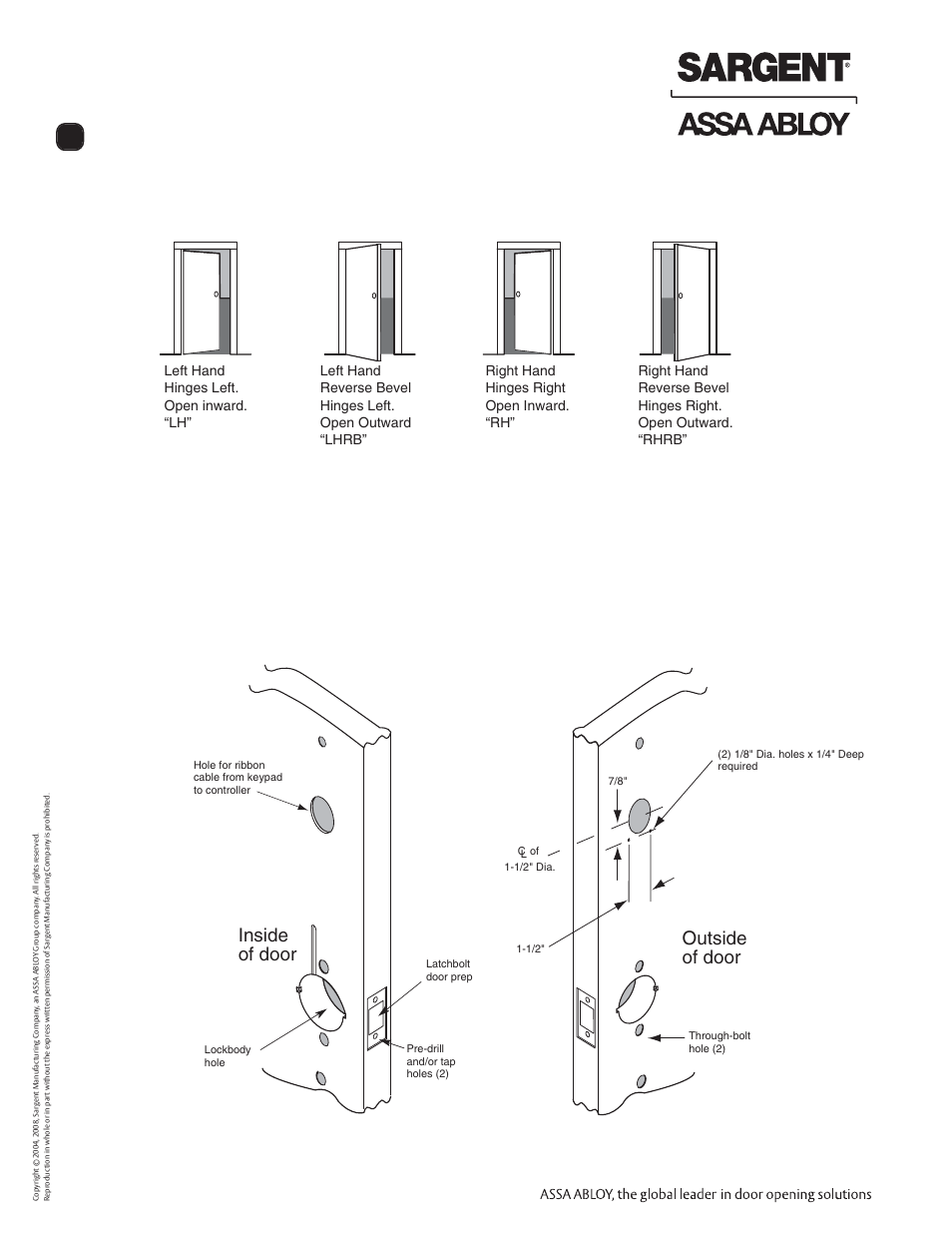 Profile series v.g1 cylindrical lock, Installation instructions, Verify hand and bevel of door 2. door preparation | Wood door preparation, Inside of door outside of door | SARGENT Profile Series v.G1.5 Cylindrical Locks User Manual | Page 6 / 12