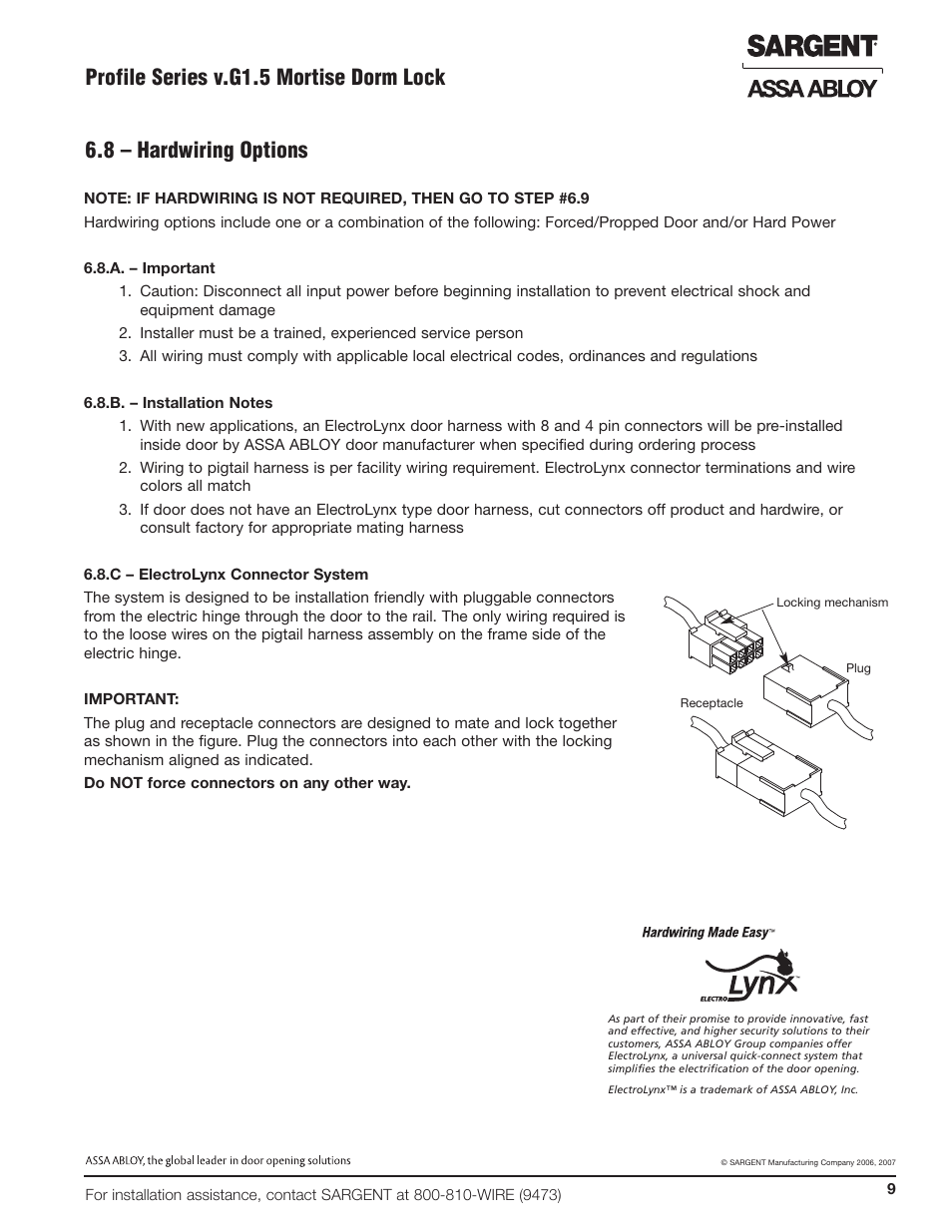8 – hardwiring options, Profile series v.g1.5 mortise dorm lock | SARGENT Profile Series v.G1.5 Mortise Locks User Manual | Page 11 / 20