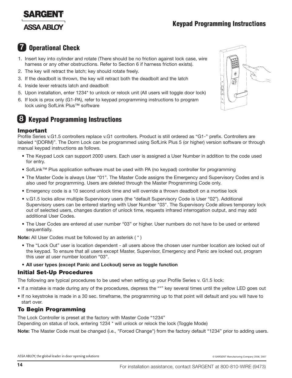 Keypad programming instructions operational check, Keypad programming instructions | SARGENT Profile Series v.G1.5 Mortise Locks User Manual | Page 16 / 20