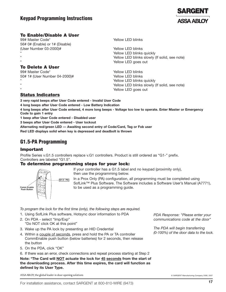 Keypad programming instructions, G1.5-pa programming, Status indicators | Important | SARGENT Profile Series v.G1.5 Mortise Locks User Manual | Page 19 / 20