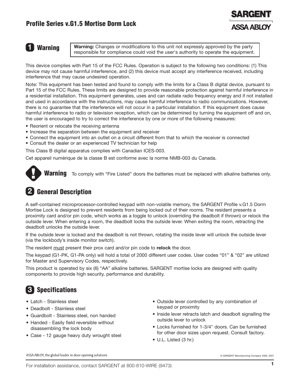 Profile series v.g1.5 mortise dorm lock, General description, Warning | Specifications | SARGENT Profile Series v.G1.5 Mortise Locks User Manual | Page 3 / 20