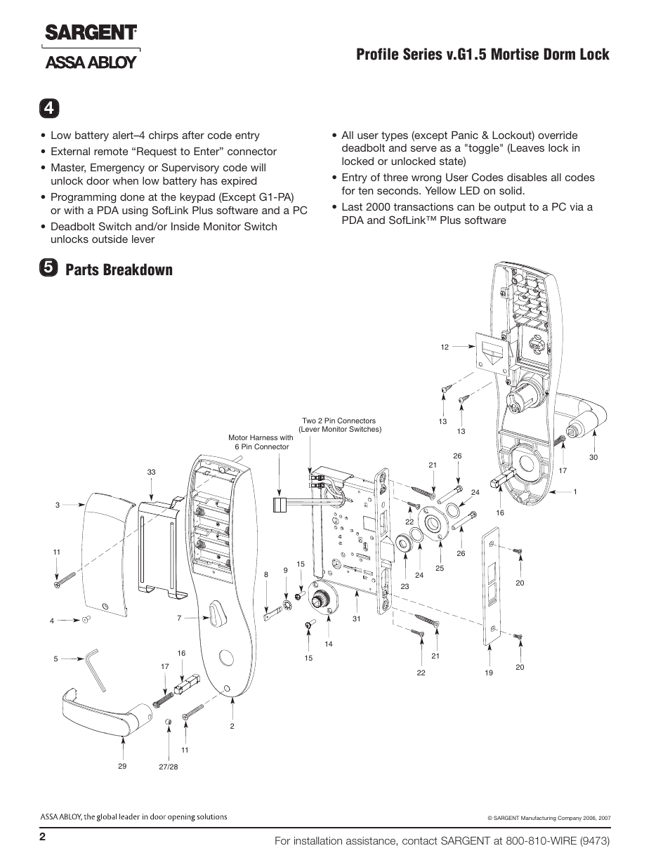 Profile series v.g1.5 mortise dorm lock, Parts breakdown | SARGENT Profile Series v.G1.5 Mortise Locks User Manual | Page 4 / 20