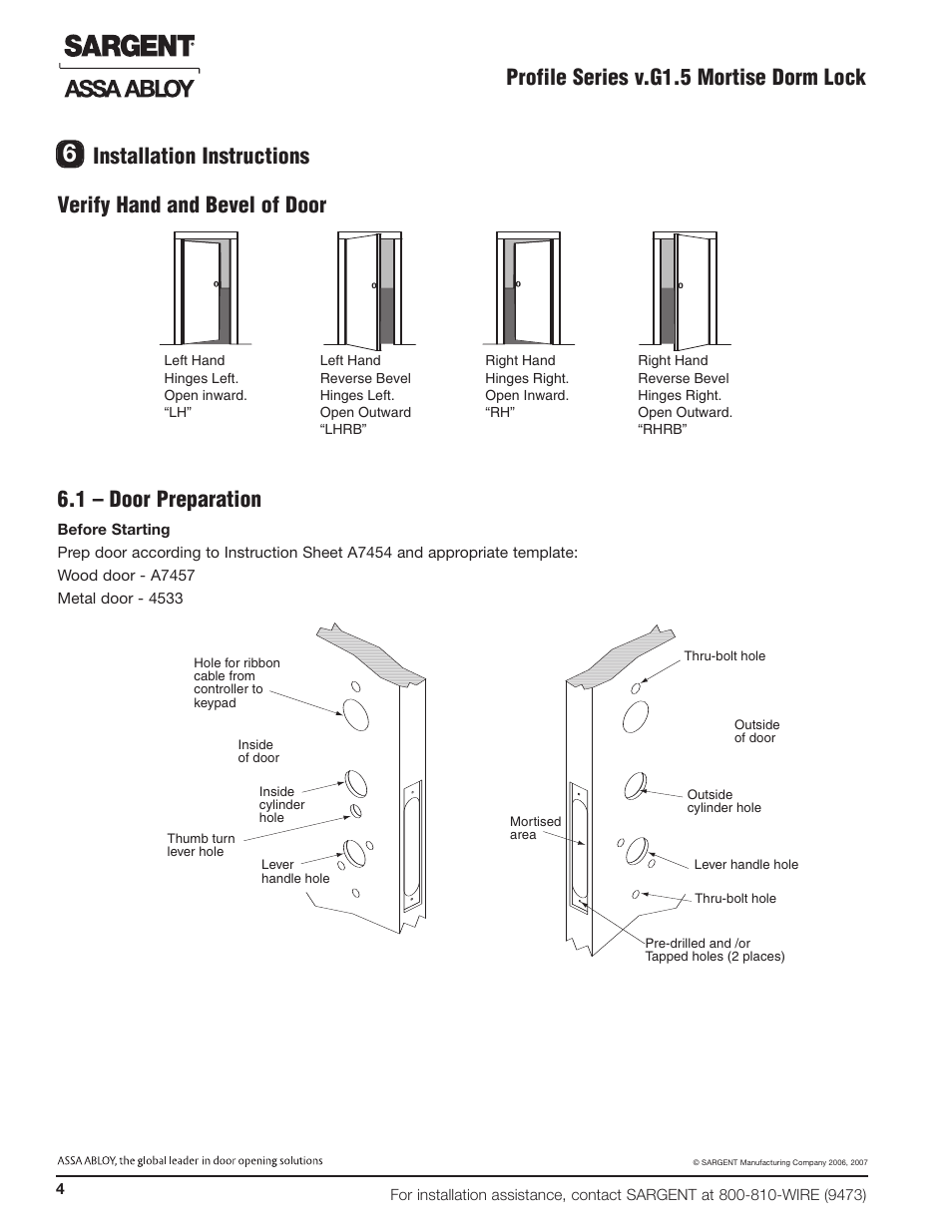 Profile series v.g1.5 mortise dorm lock, Installation instructions, Verify hand and bevel of door | 1 – door preparation | SARGENT Profile Series v.G1.5 Mortise Locks User Manual | Page 6 / 20