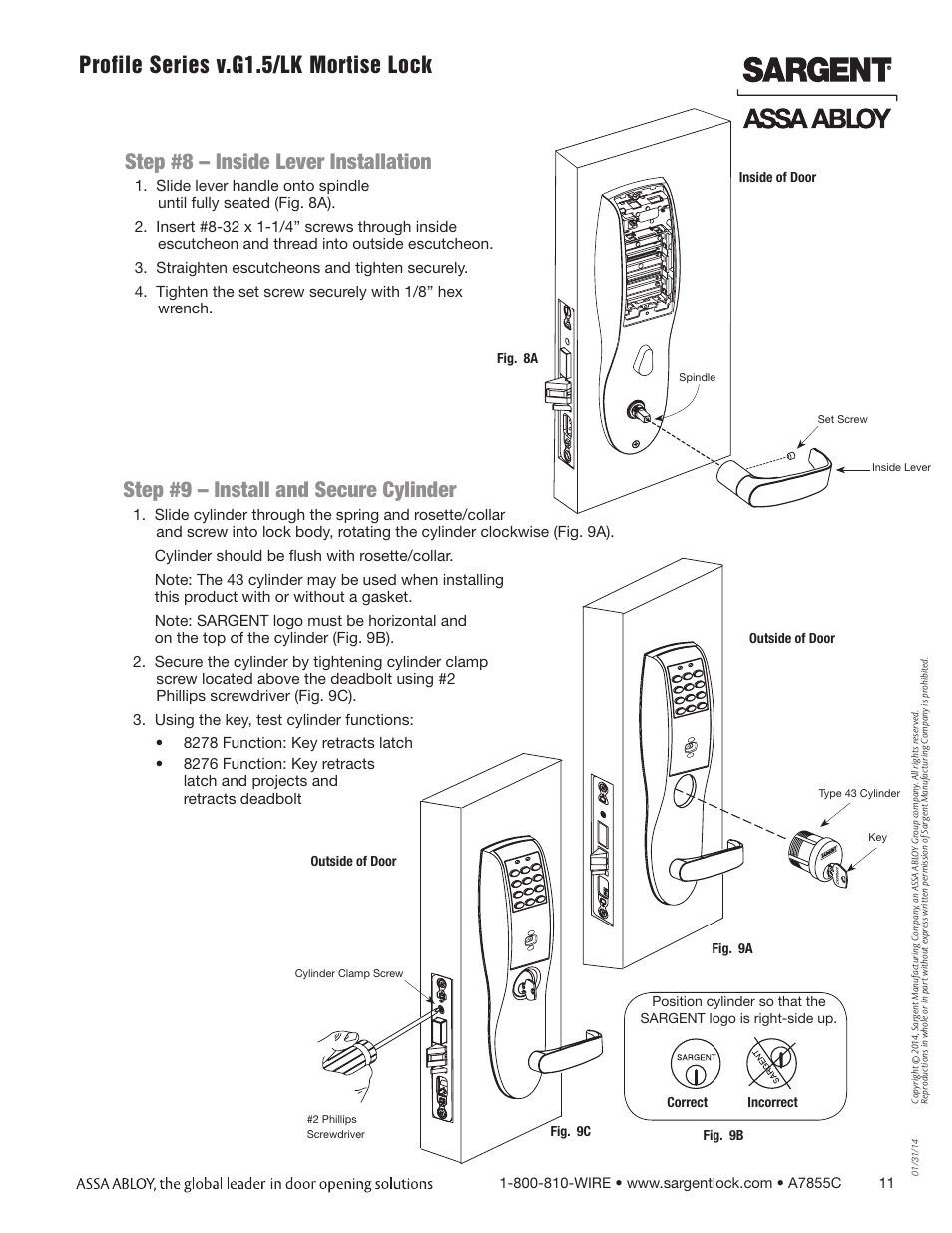 Profile series v.g1.5/lk mortise lock | SARGENT Profile Series v.G1.5 Mortise Locks User Manual | Page 11 / 22