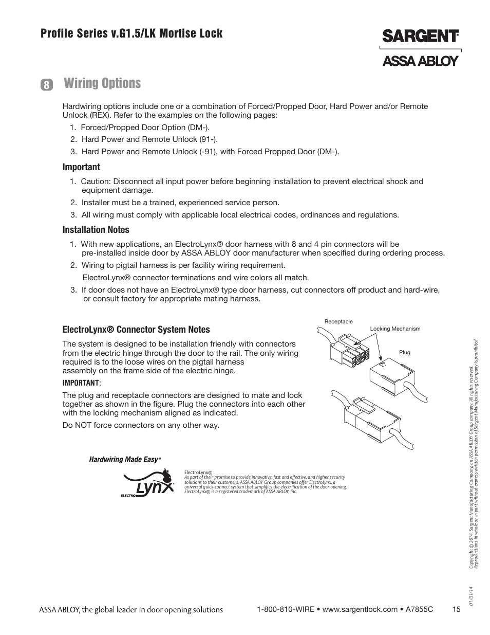 Wiring options, Profile series v.g1.5/lk mortise lock, Important | SARGENT Profile Series v.G1.5 Mortise Locks User Manual | Page 15 / 22