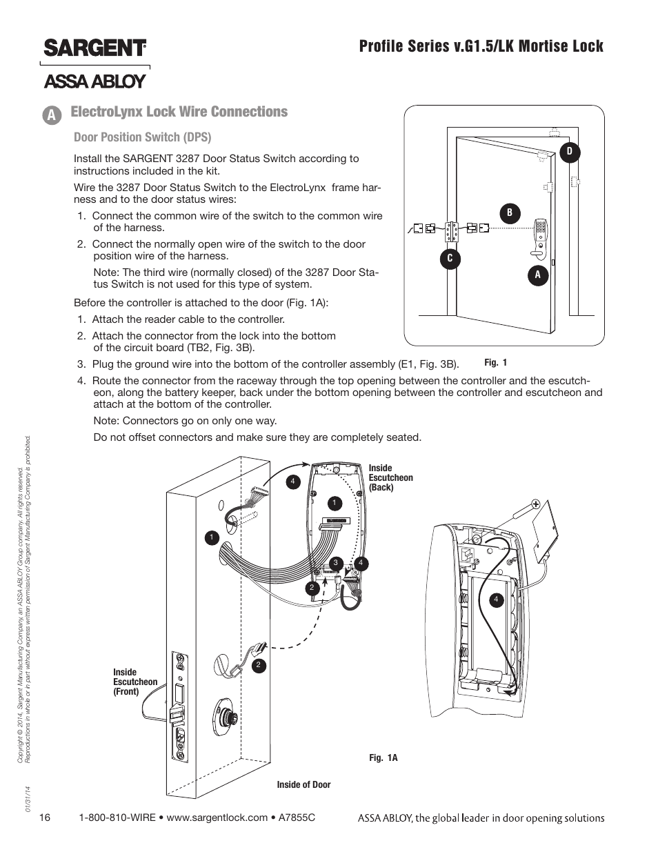 Profile series v.g1.5/lk mortise lock, Electrolynx lock wire connections, Door position switch (dps) | SARGENT Profile Series v.G1.5 Mortise Locks User Manual | Page 16 / 22