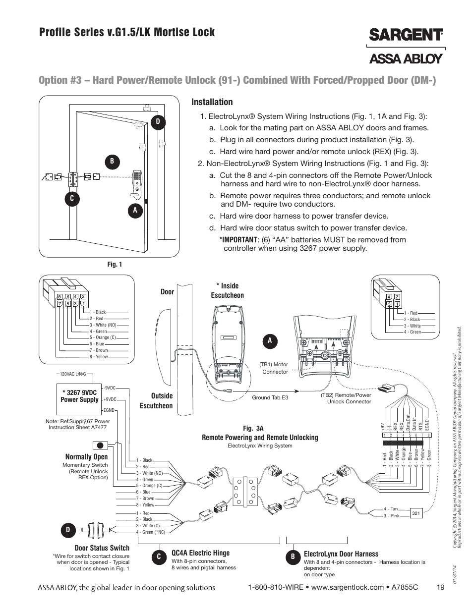 Installation, Ab c d, Door * inside escutcheon outside escutcheon a | Remote powering and remote unlocking, Qc4a electric hinge, Electrolynx door harness, Cb normally open, Door status switch | SARGENT Profile Series v.G1.5 Mortise Locks User Manual | Page 19 / 22