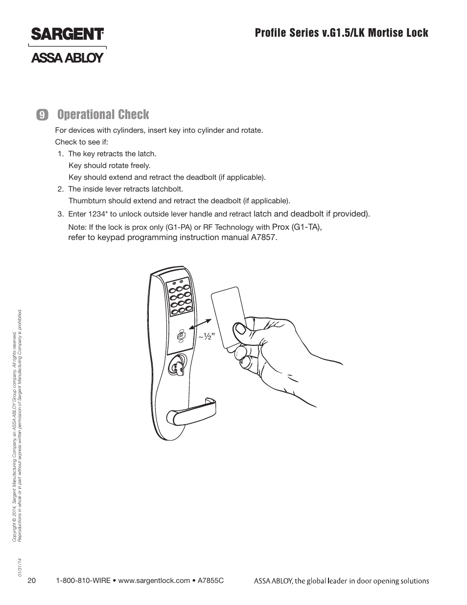 Operational check, Profile series v.g1.5/lk mortise lock | SARGENT Profile Series v.G1.5 Mortise Locks User Manual | Page 20 / 22