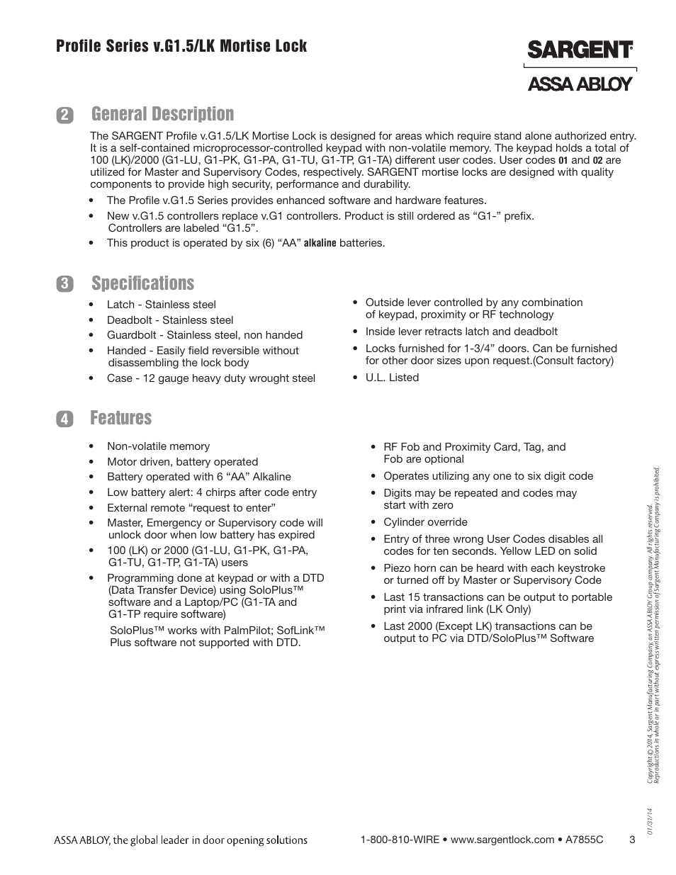 Features general description, Specifications, Profile series v.g1.5/lk mortise lock | SARGENT Profile Series v.G1.5 Mortise Locks User Manual | Page 3 / 22