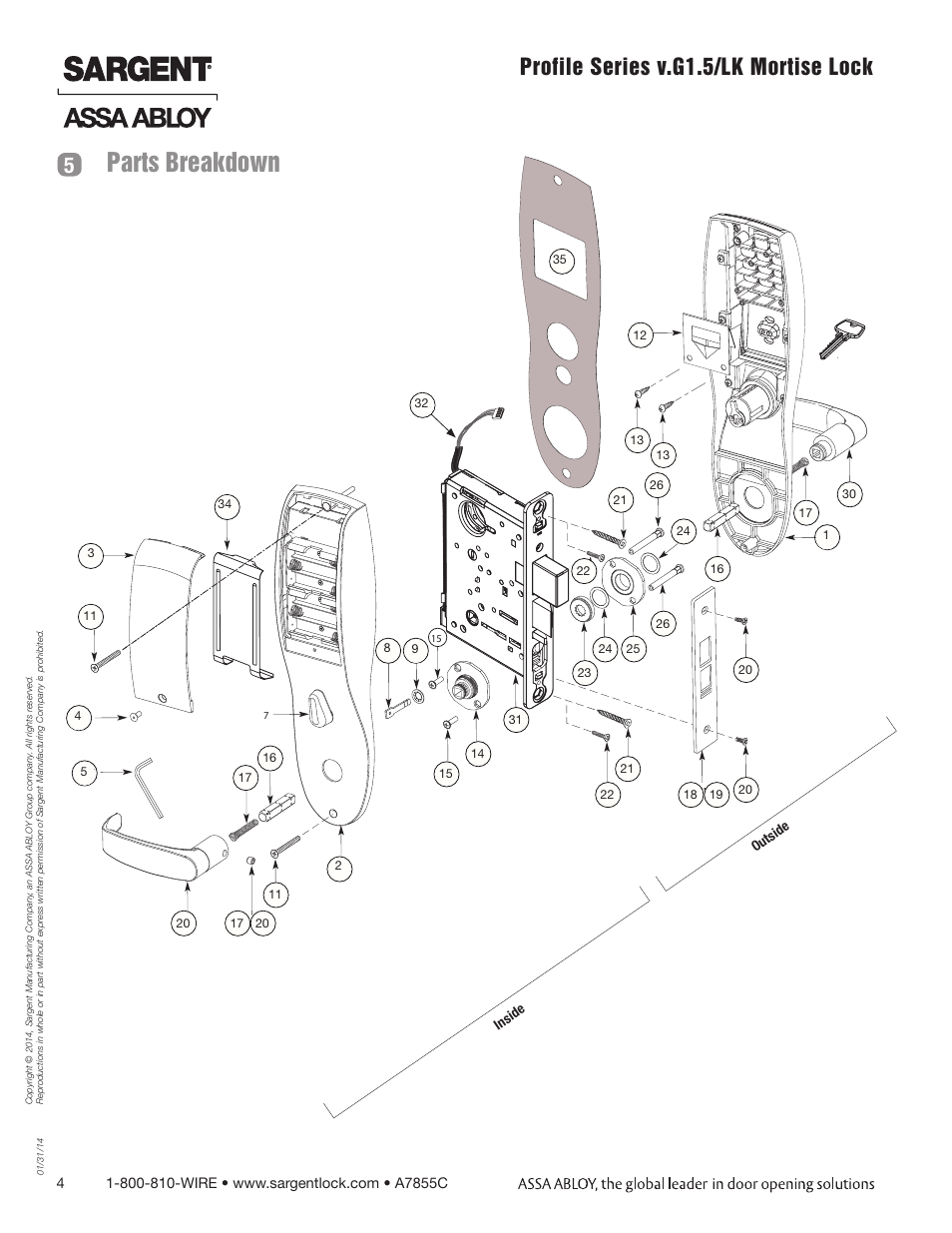 Parts breakdown, Profile series v.g1.5/lk mortise lock 5, Profile series v.g1.5 | SARGENT Profile Series v.G1.5 Mortise Locks User Manual | Page 4 / 22