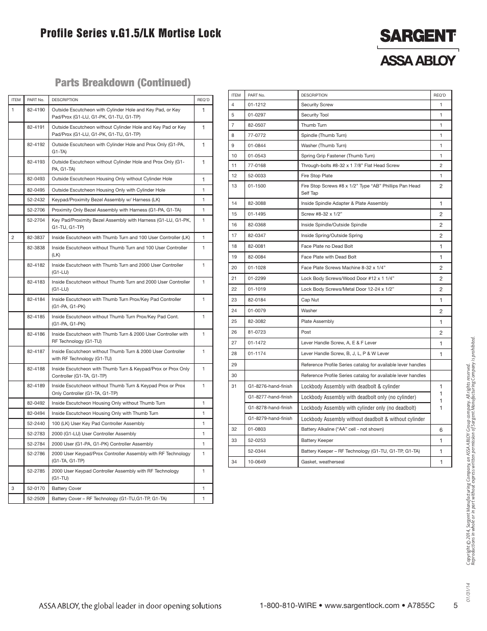 Profile series v.g1.5/lk mortise lock, Parts breakdown (continued) | SARGENT Profile Series v.G1.5 Mortise Locks User Manual | Page 5 / 22