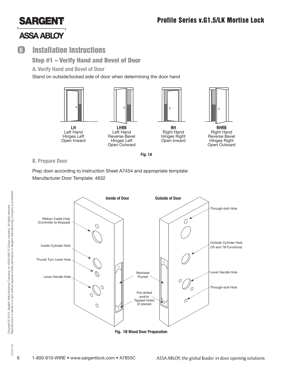 Installation instructions, Profile series v.g1.5/lk mortise lock, 6step #1 – verify hand and bevel of door | A. verify hand and bevel of door, B. prepare door | SARGENT Profile Series v.G1.5 Mortise Locks User Manual | Page 6 / 22
