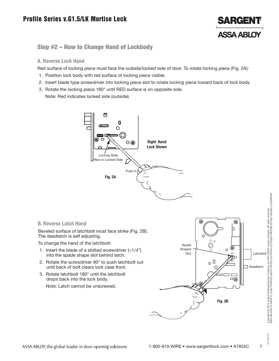 Profile series v.g1.5/lk mortise lock, Step #2 – how to change hand of lockbody, B. reverse latch hand | A. reverse lock hand | SARGENT Profile Series v.G1.5 Mortise Locks User Manual | Page 7 / 22
