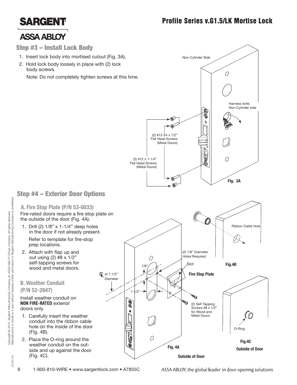 Profile series v.g1.5/lk mortise lock, Step #3 – install lock body, Step #4 – exterior door options | SARGENT Profile Series v.G1.5 Mortise Locks User Manual | Page 8 / 22