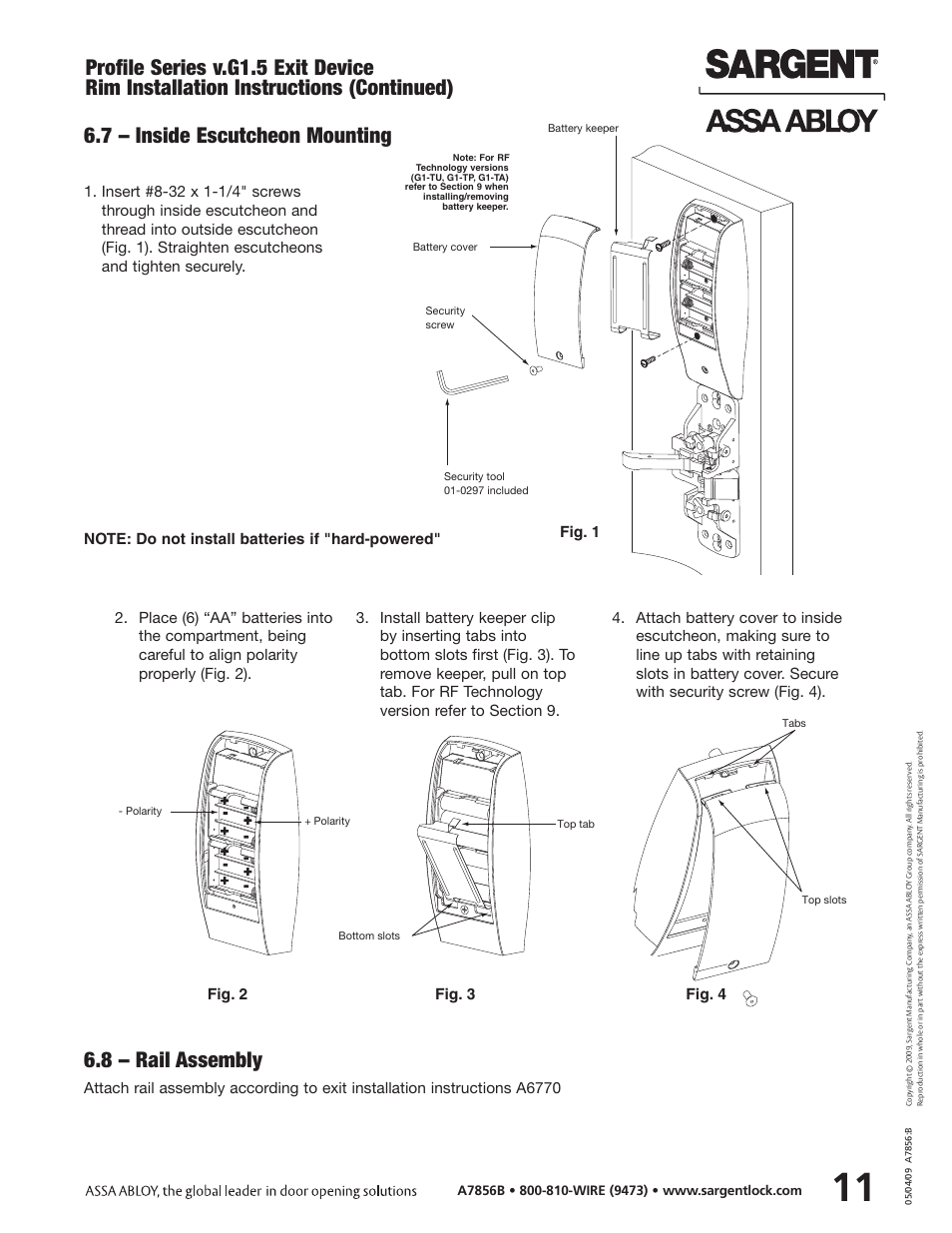 Profile series v.g1.5 exit device, Rim installation instructions (continued), 8 – rail assembly | 7 – inside escutcheon mounting | SARGENT Profile Series v.G1.5 Exit Devices User Manual | Page 13 / 26