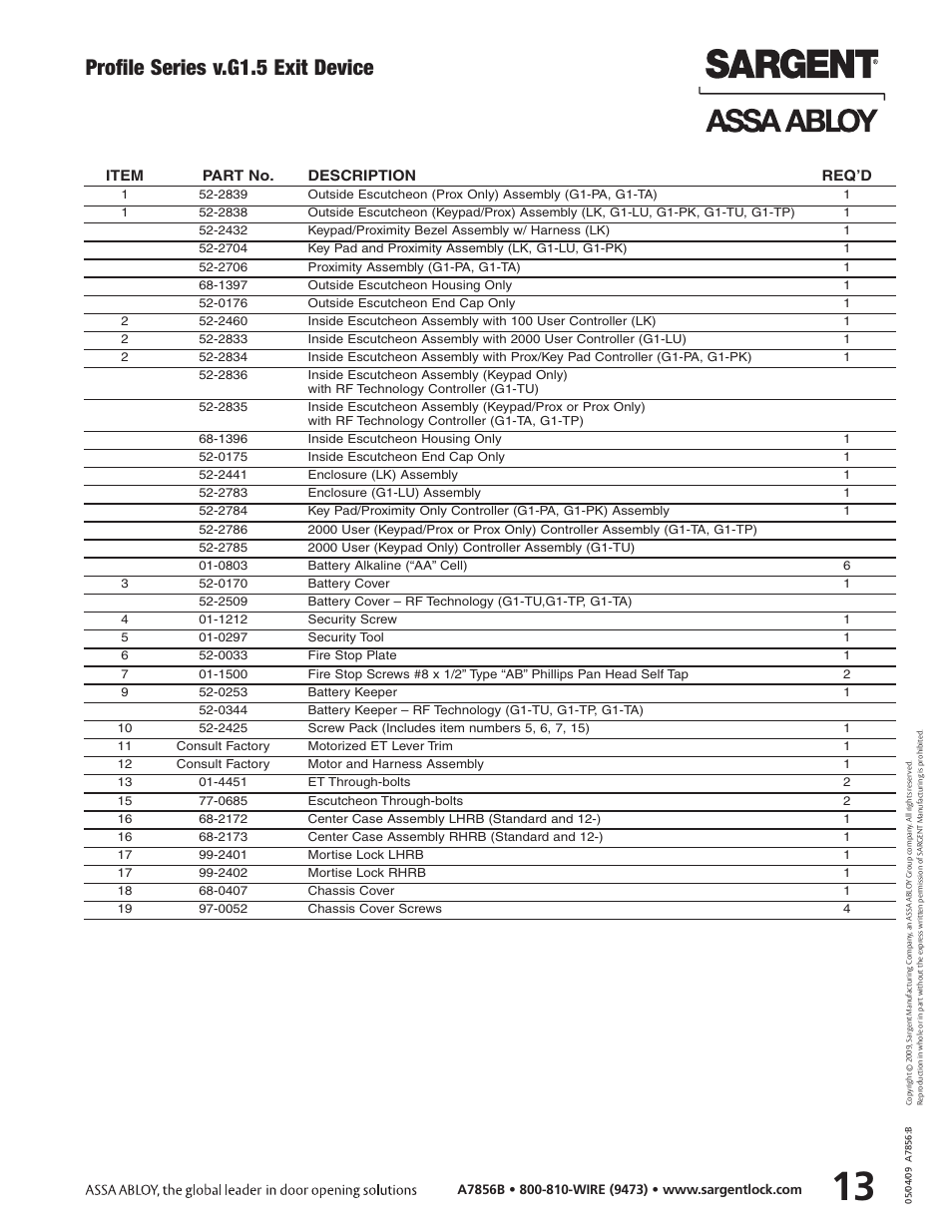 Profile series v.g1.5 exit device, Item part no. description req’d | SARGENT Profile Series v.G1.5 Exit Devices User Manual | Page 15 / 26