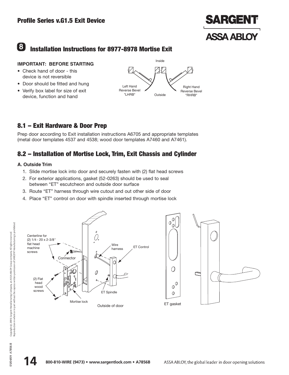 Profile series v.g1.5 exit device, 1 – exit hardware & door prep | SARGENT Profile Series v.G1.5 Exit Devices User Manual | Page 16 / 26