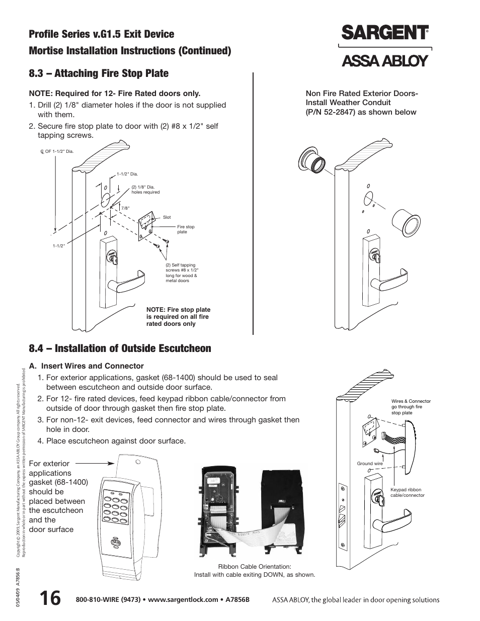 Profile series v.g1.5 exit device, 3 – attaching fire stop plate, Mortise installation instructions (continued) | 4 – installation of outside escutcheon | SARGENT Profile Series v.G1.5 Exit Devices User Manual | Page 18 / 26