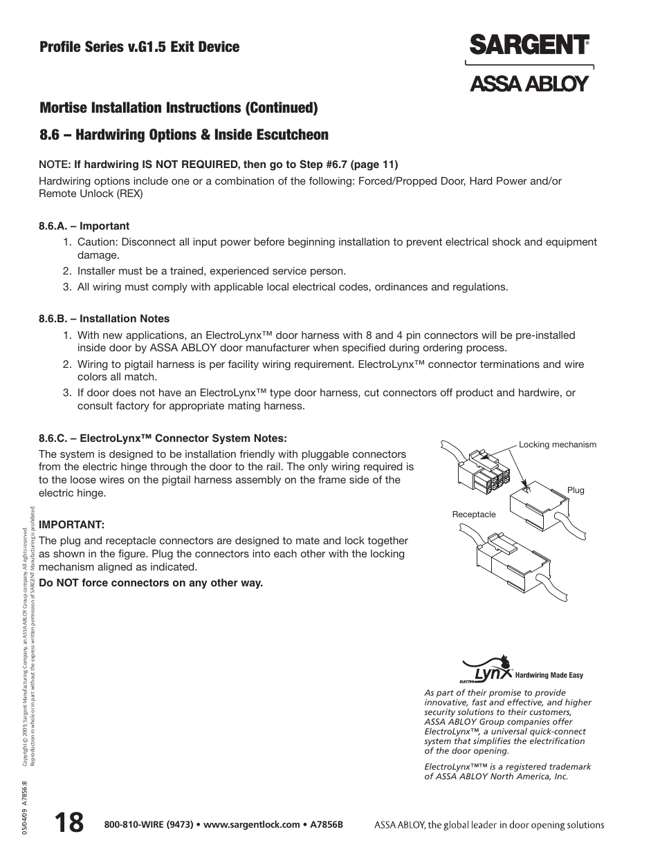 Profile series v.g1.5 exit device | SARGENT Profile Series v.G1.5 Exit Devices User Manual | Page 20 / 26