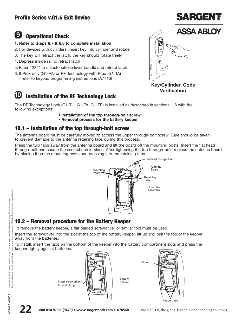 Profile series v.g1.5 exit device, 1 – installation of the top through-bolt screw, 2 – removal procedure for the battery keeper | Key/cylinder, code verification | SARGENT Profile Series v.G1.5 Exit Devices User Manual | Page 24 / 26