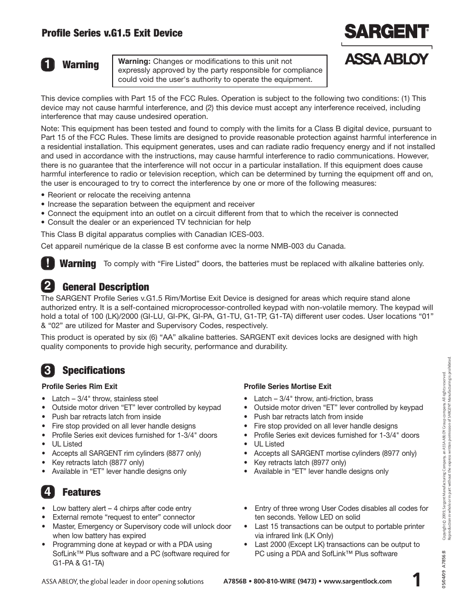 Profile series v.g1.5 exit device, General description, Specifications | Features, Warning | SARGENT Profile Series v.G1.5 Exit Devices User Manual | Page 3 / 26