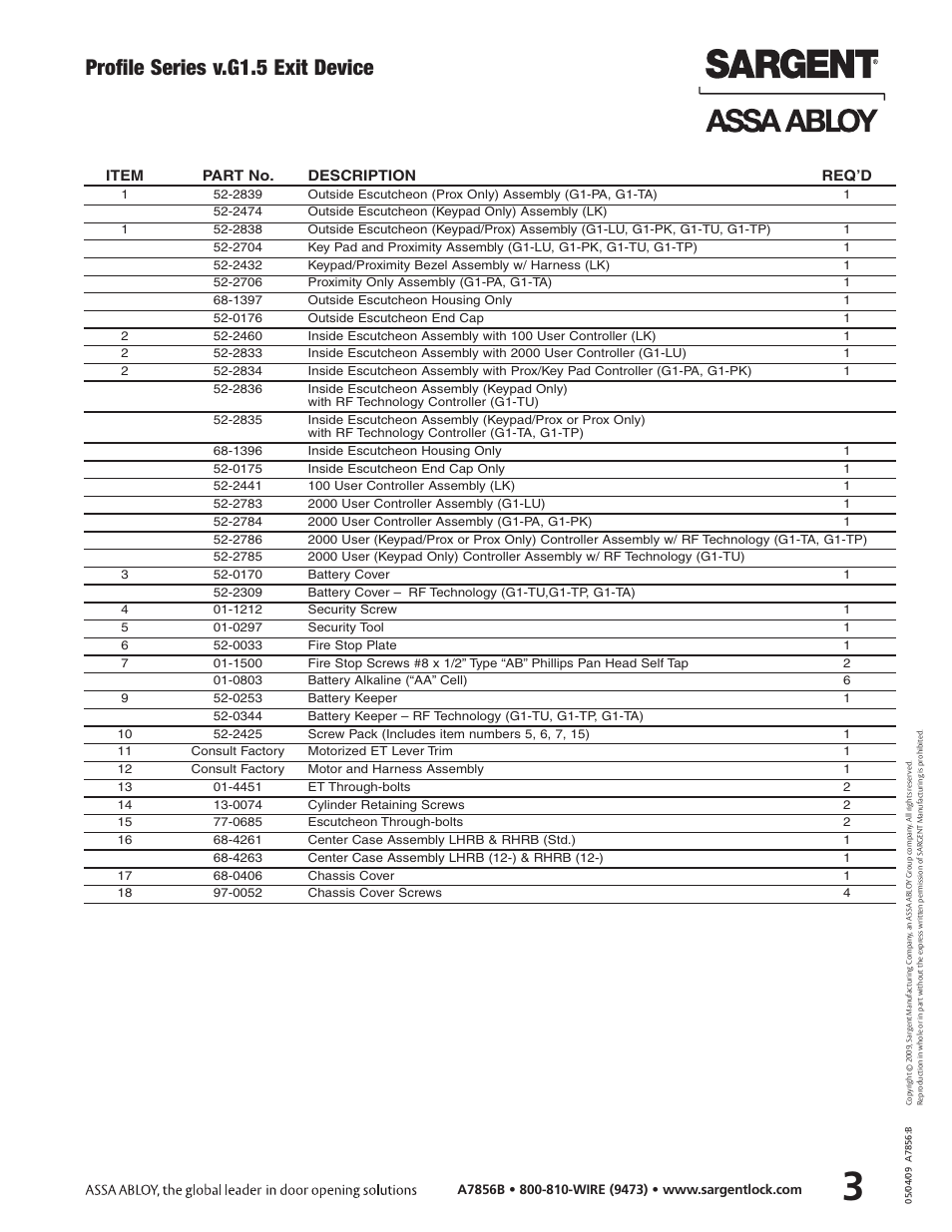 Profile series v.g1.5 exit device, Item part no. description req’d | SARGENT Profile Series v.G1.5 Exit Devices User Manual | Page 5 / 26