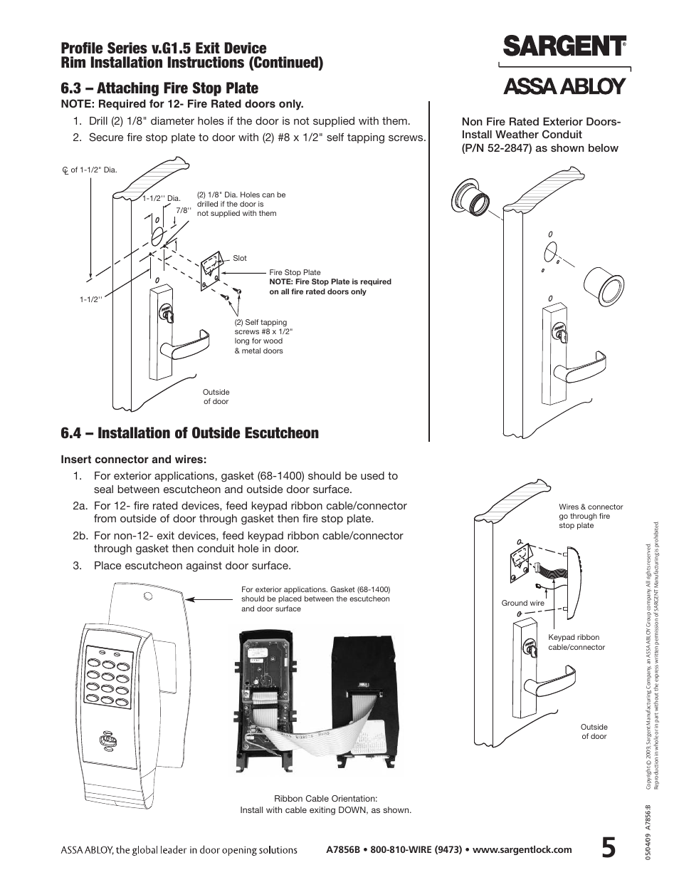 Profile series v.g1.5 exit device, 4 – installation of outside escutcheon | SARGENT Profile Series v.G1.5 Exit Devices User Manual | Page 7 / 26