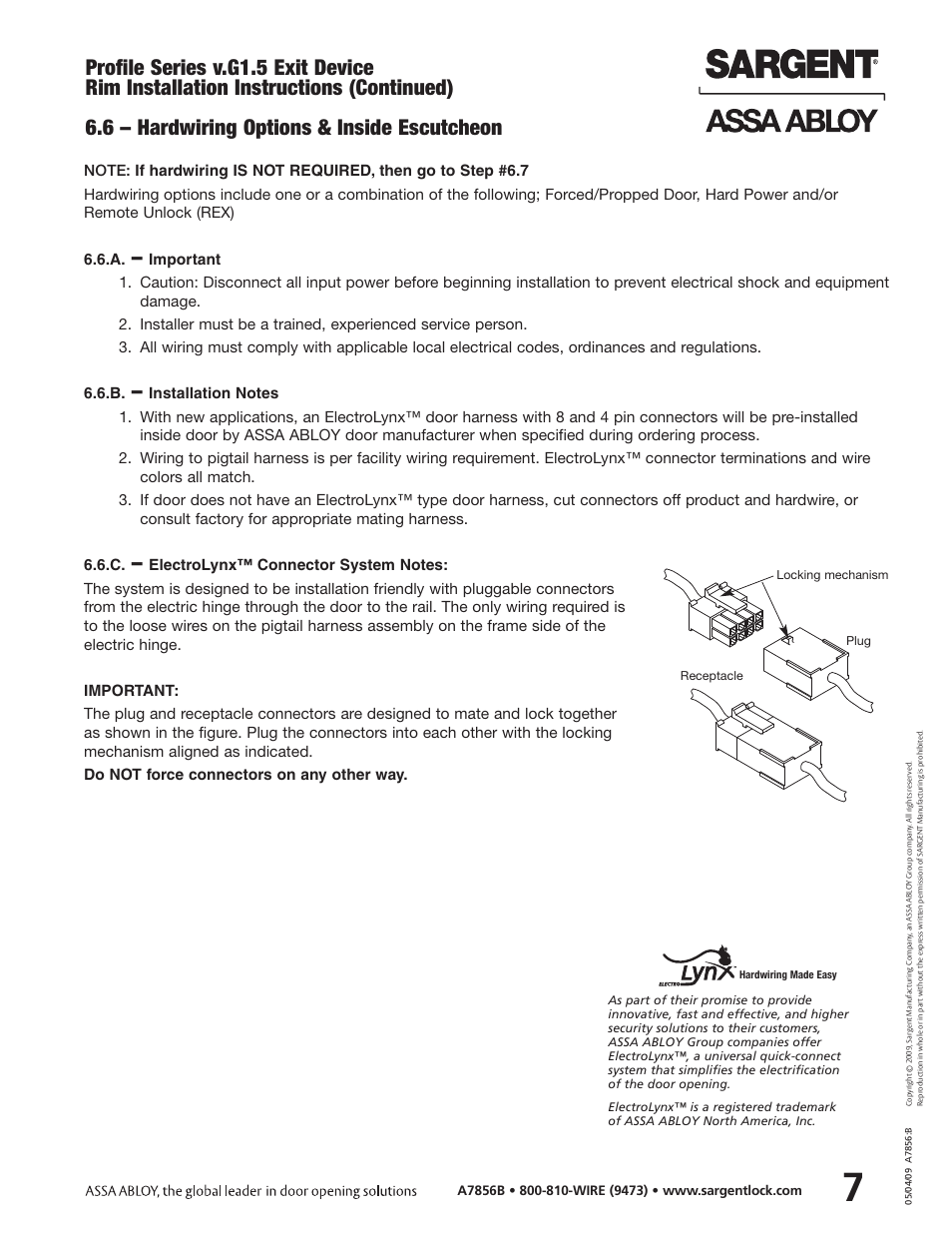 Profile series v.g1.5 exit device | SARGENT Profile Series v.G1.5 Exit Devices User Manual | Page 9 / 26