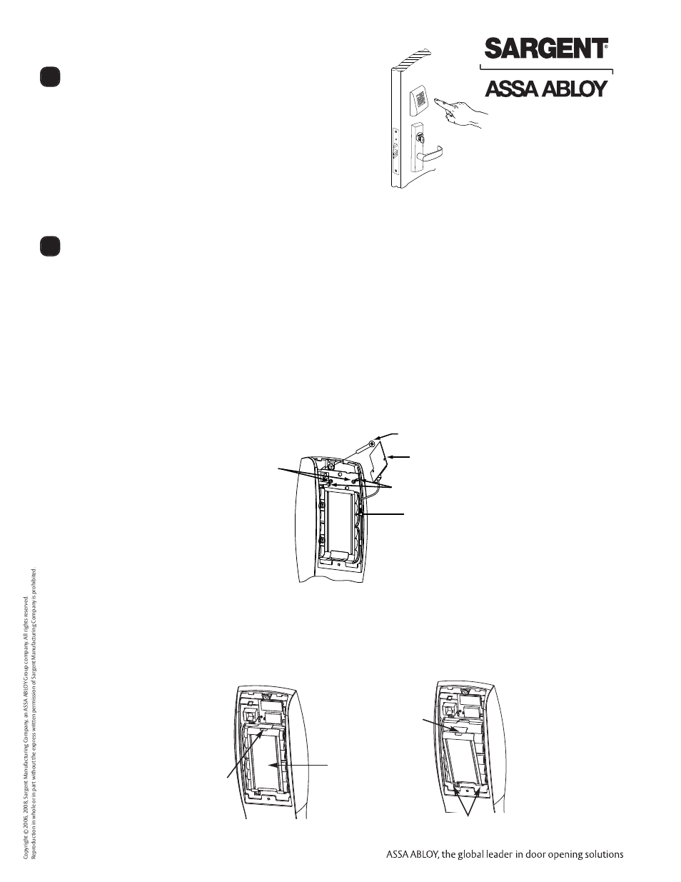 Profile series v.g1 exit device, A. installation of the top through-bolt screw, B. removal procedure for the battery keeper | Key/cylinder, code verification | SARGENT Profile Series v.G1.5 Exit Devices User Manual | Page 16 / 16